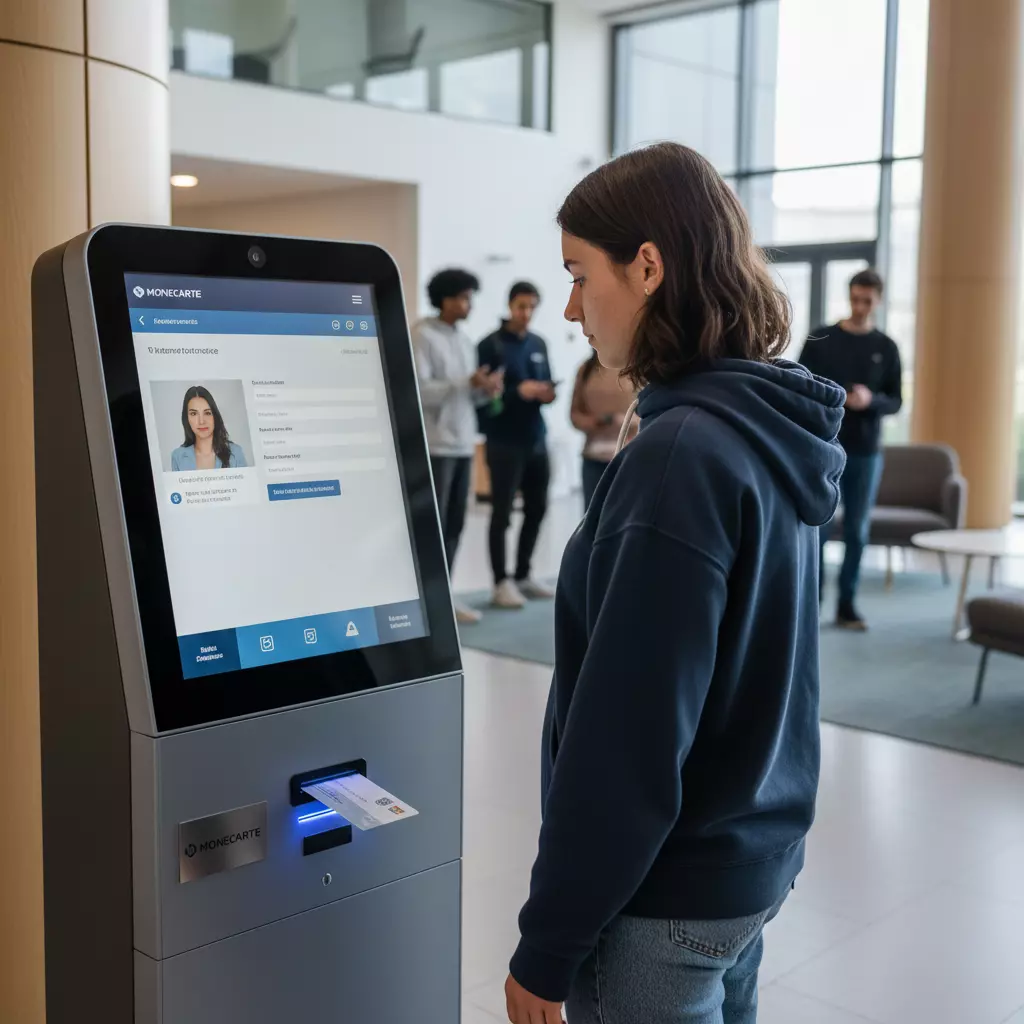 Une femme utilise un distributeur automatique dans un bâtiment moderne. L'écran affiche des options en français.